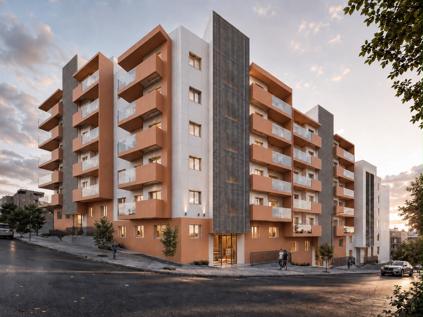 Soneto Residences building exterior at dusk