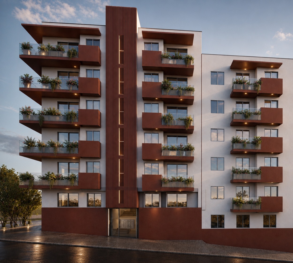 Soneto Residences building exterior at dusk