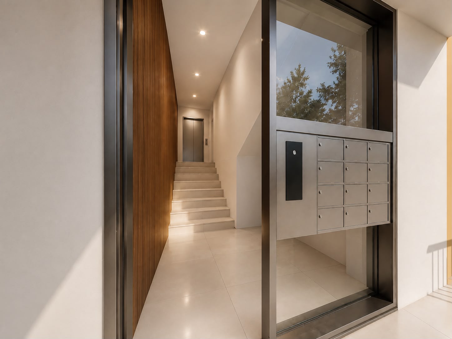 Building entrance lobby with mailboxes and staircase